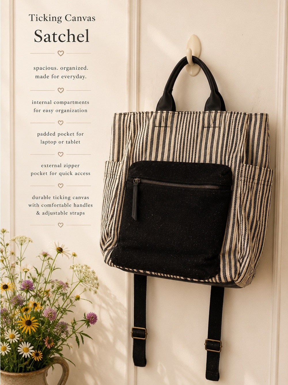 Ticking Canvas Striped Satchel Backpack - Black & Cream